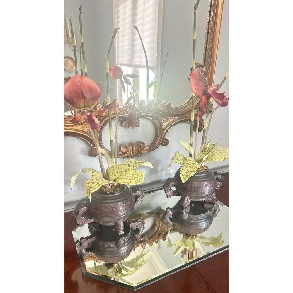 Pair Of Faux Burgundy Orchids in Chinese Resin Footed Bowl 21
